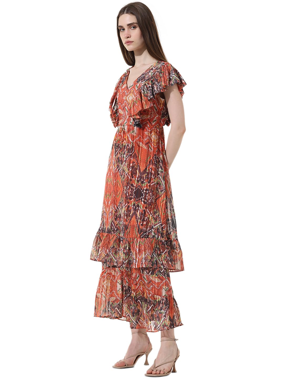 ONLY Women Printed Polyester Blend Ankle Length Brown Tiered Dress
