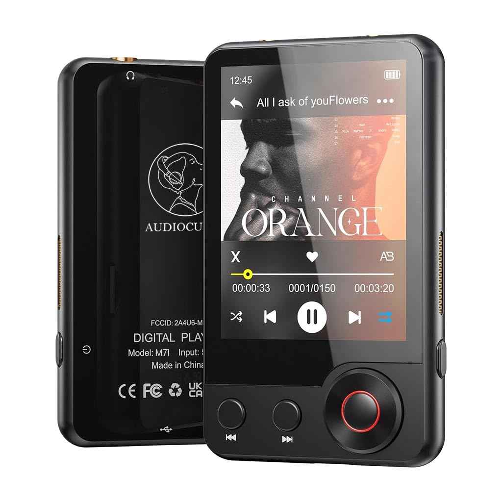 AUDIOCULAR M71 MP3 Music Player with Bluetooth 5.3, HiFi Speaker, 2.4” Touch Screen, 32GB Storage (Up to 128GB), Dual Audio Jack, Type-C Port, Video Playback, E-Book, Alarm, FM Radio etc. (32GB-Black)