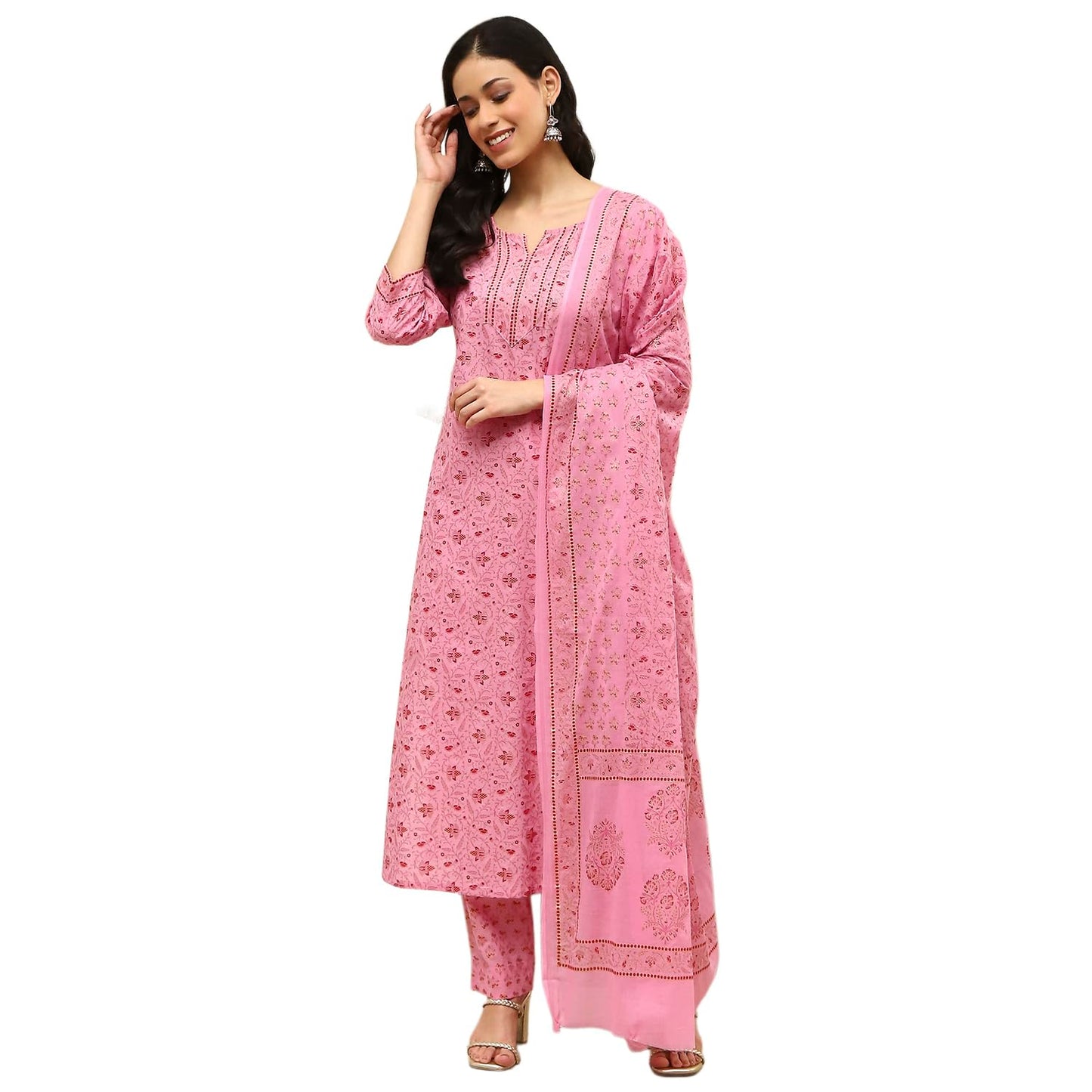 BIBA Women Pink Cotton Screen Print Unstitched Suit Set_FREE SIZE