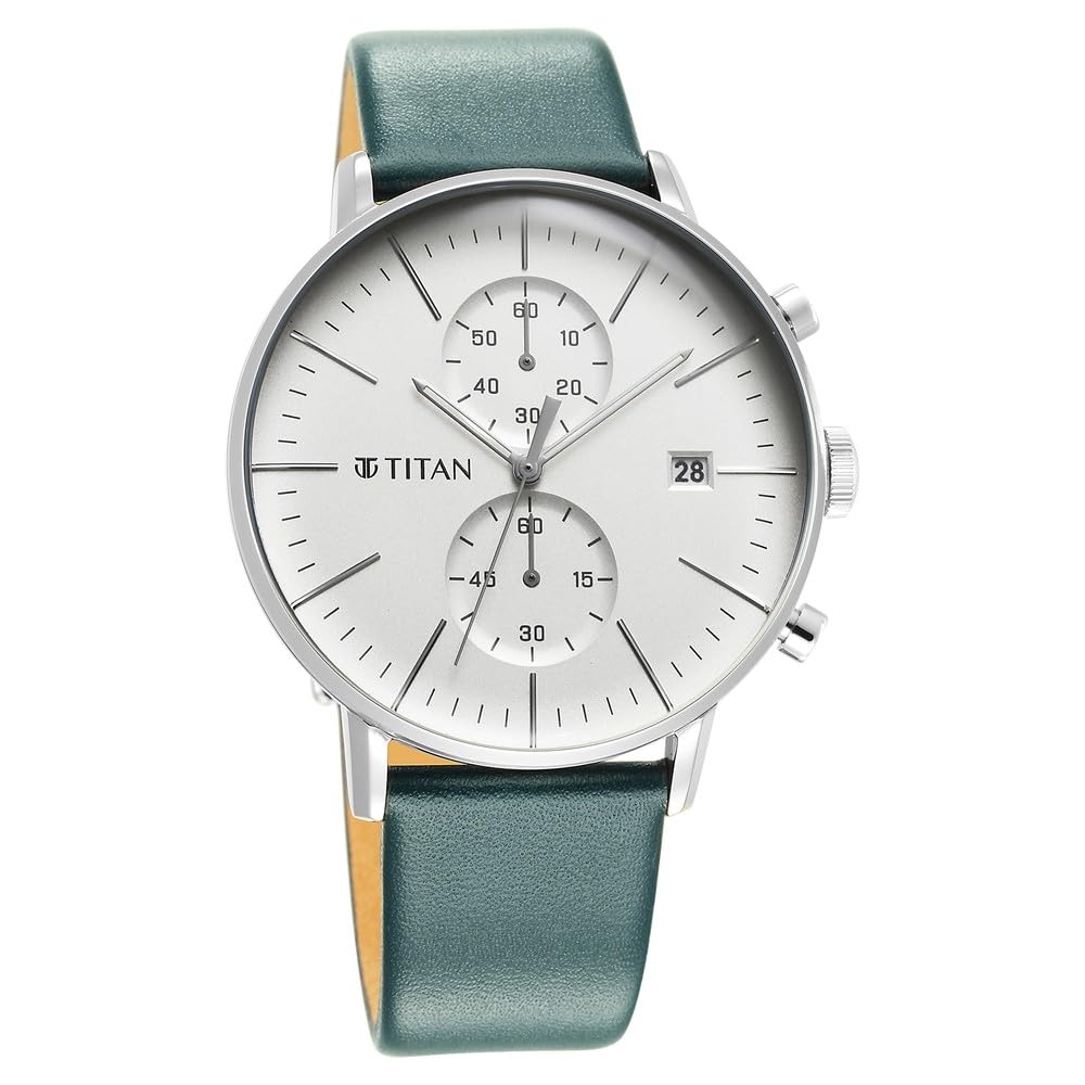 Titan Infinity Display Quartz Chronograph with Date Silver Dial Dark Teal Green Leather Strap Watch for Men - NT90146SL01