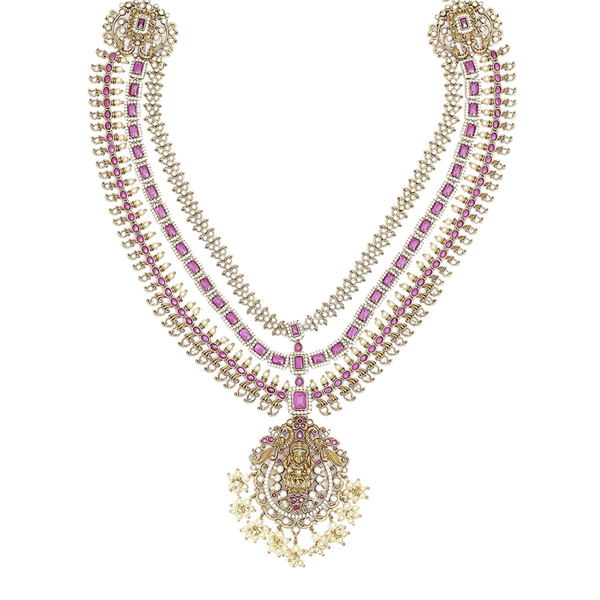 VOYLLA Antique Inspired Opulent CZ and Faux Pearls Multi-Strand Brass Gold Plated Jewellery Set