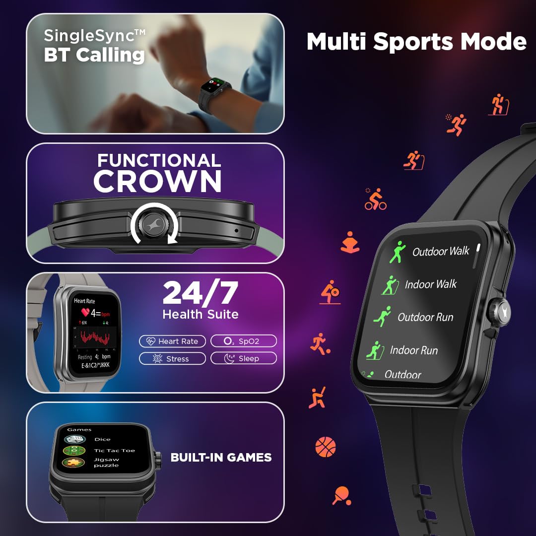 Fastrack VOX Neo Smart Watch with 1.91” Curved TFT Display, Rotary Crown, Offline Voice Commands,To-Do list, BT Calling, 24/7 Health Suite, SpO2, HRM, Sleep Tracking, IP68 Water Resistant - Onyx Black