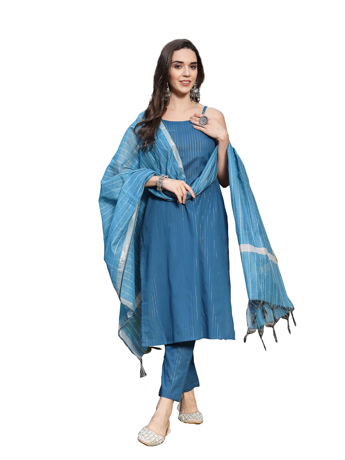 Stylum Women's Woven Design Cotton Blend Straight Kurta Pant Dupatta Set