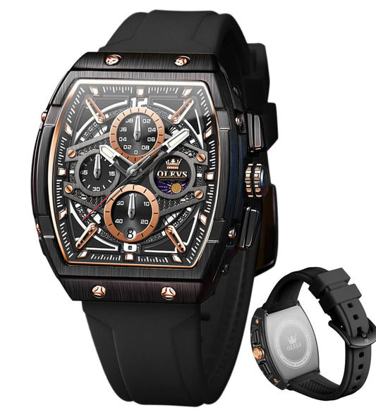 OLEVS Men Watches Business Dress Chronograph Big Square Quartz Analog Male Watch Silicone Strap Waterproof Date Gift Mens Wrist Watch