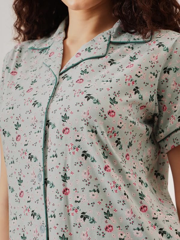 Clovia Women's Printed Button Down Shirt & Pyjama Set (LS0025B11_Green_M)
