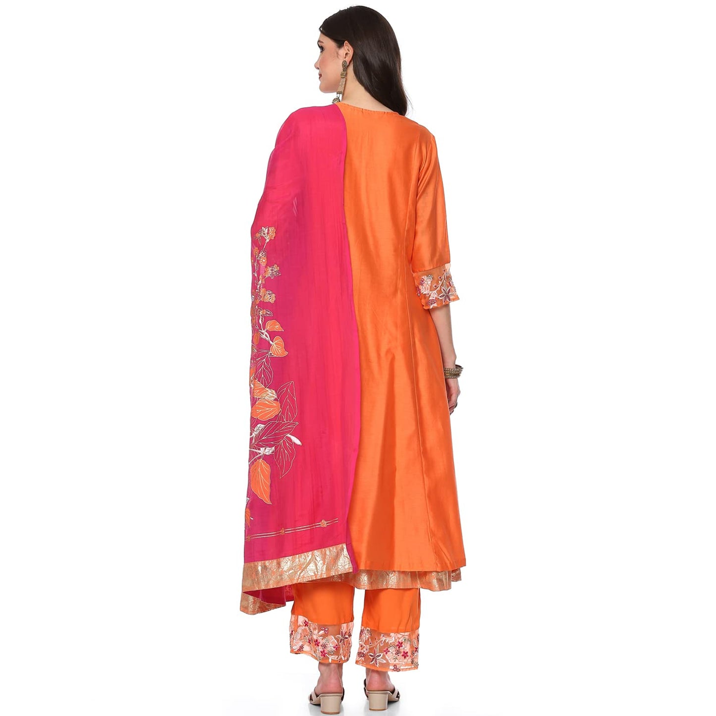 BIBA Silk Blend Women Embroidery Straight Salwar Kurta Dupatta(Skd8105_Orange/Pink_34)