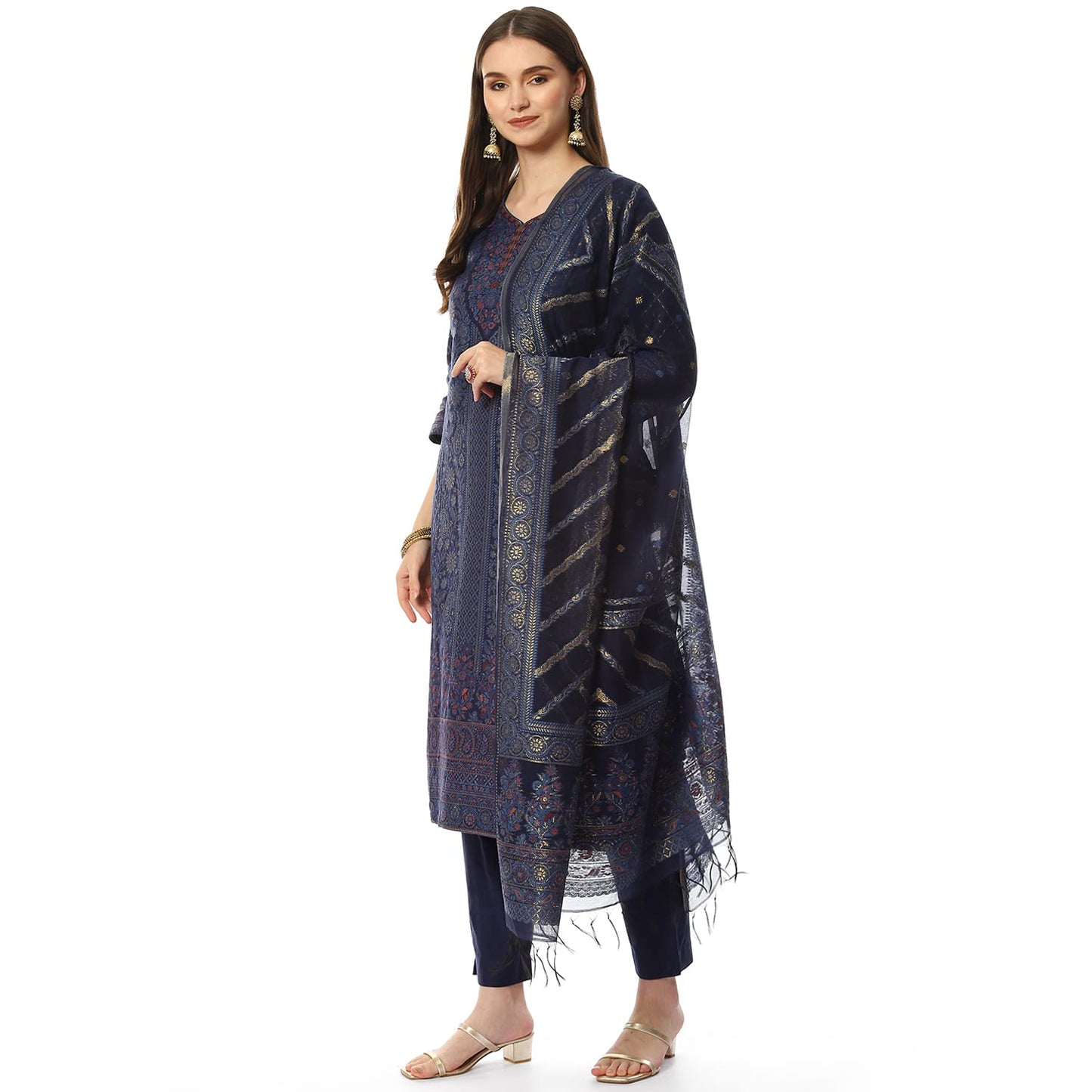 BIBA Women Cotton Yarndyed Narrow Salwar Kurta Dupatta(SKDASSORTED8386_INDIGO BLUE_42) 3Xl