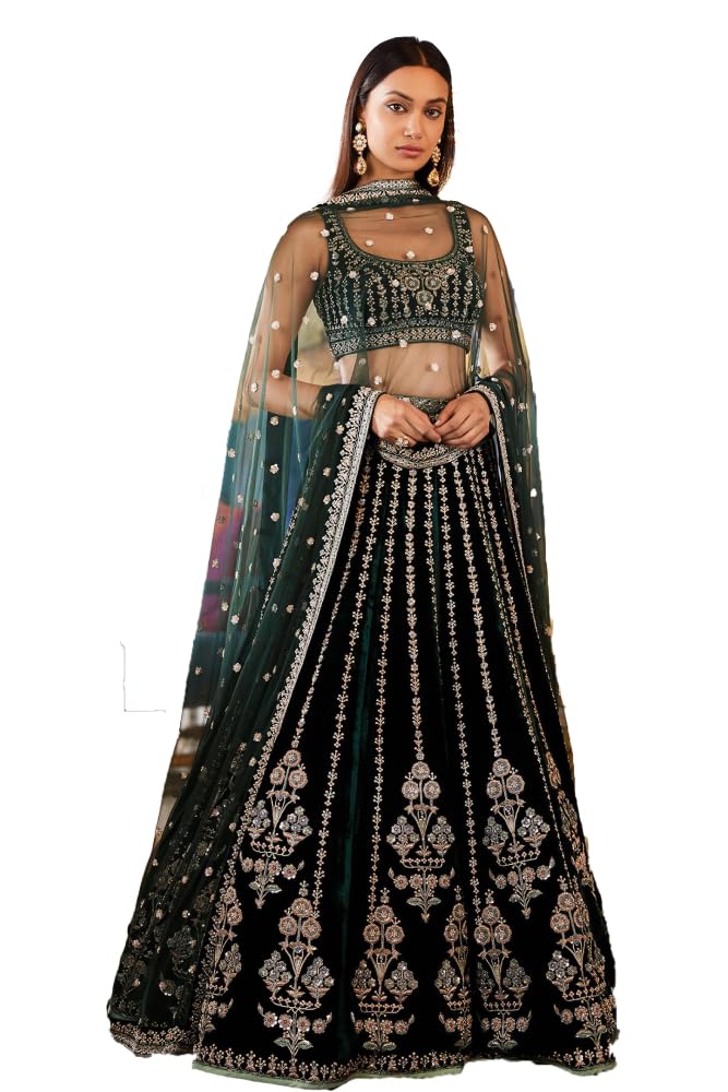 JIHU CULTURE Women Georgette Semi Stitched Green Embroidered Lehenga Choli Sangeet Wear, 3