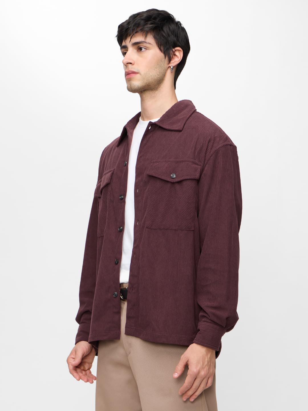 The Souled Store Corduroy Shacket: Maroon Men and Boys Long Sleeves Collared Neck Button Front Solid Polyester Oversized Shackets
