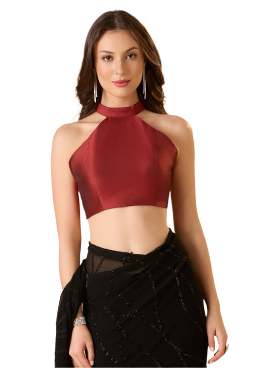 S SALWAR STUDIO Maroon Taffeta Halter Neck Sleeveless Readymade Blouse