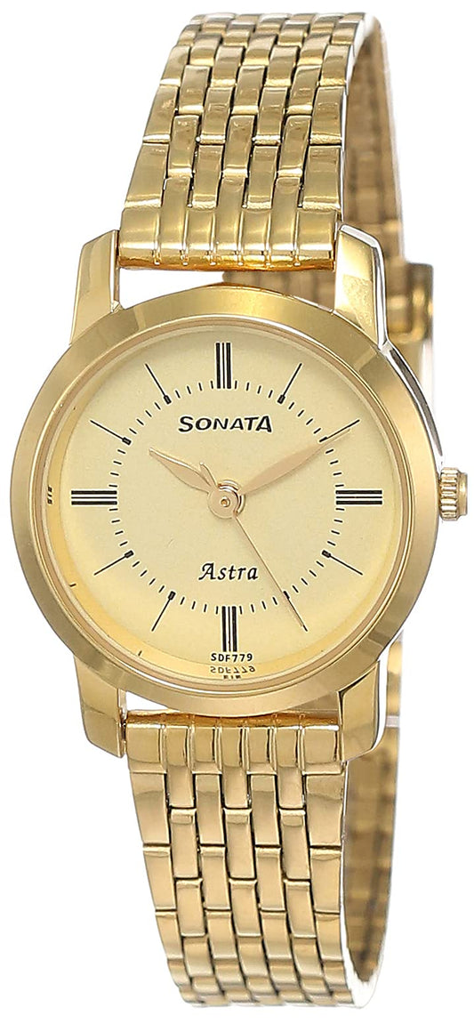 Sonata Quartz Analog Champagne Dial Stainless Steel Strap Watch for Women-NS87018YM01/NT87018YM01