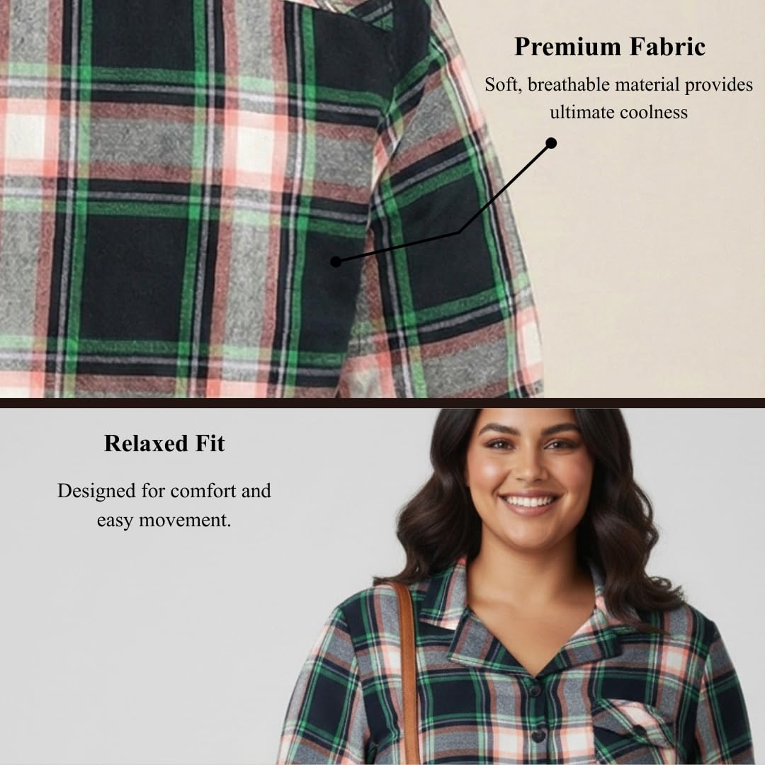 Angoori Fashion Women's Plus Size Plaid Shirt, Brown Black White Check Pattern, Button-Down with Chest Pocket, Roll-Up Sleeves (in, Alpha, M, Regular, Multicolor)