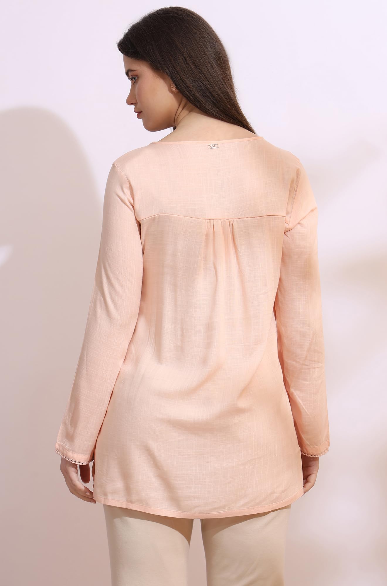 W for Woman Pastel Pink Thread Embroidered Gathered Swiss Dot Ethnic Top (Size: XS)-W31259-223088
