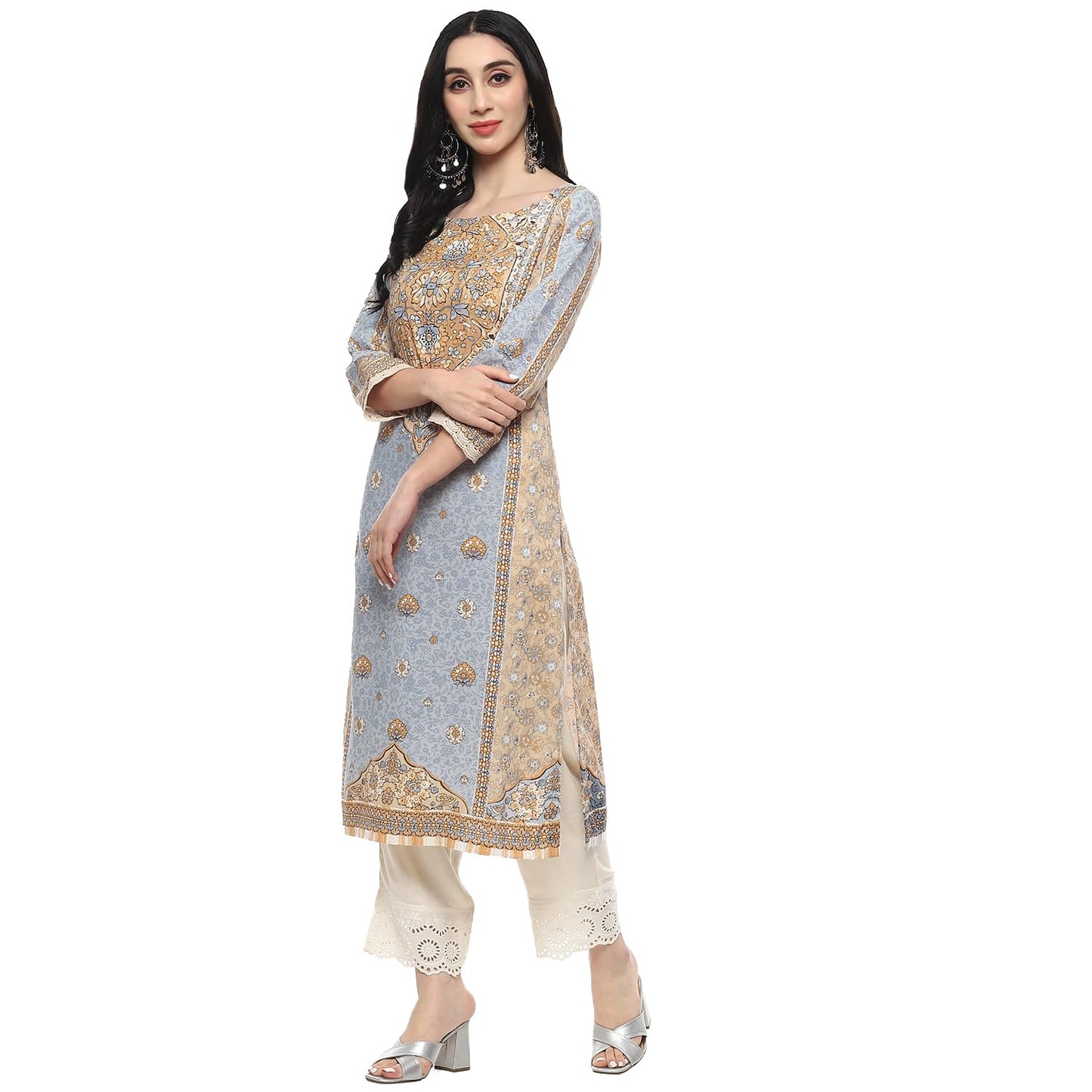 BIBA Regular Women Viscose Printed Kurta (RIBAYATCOLLECTION20148SS24BEG_Beige
