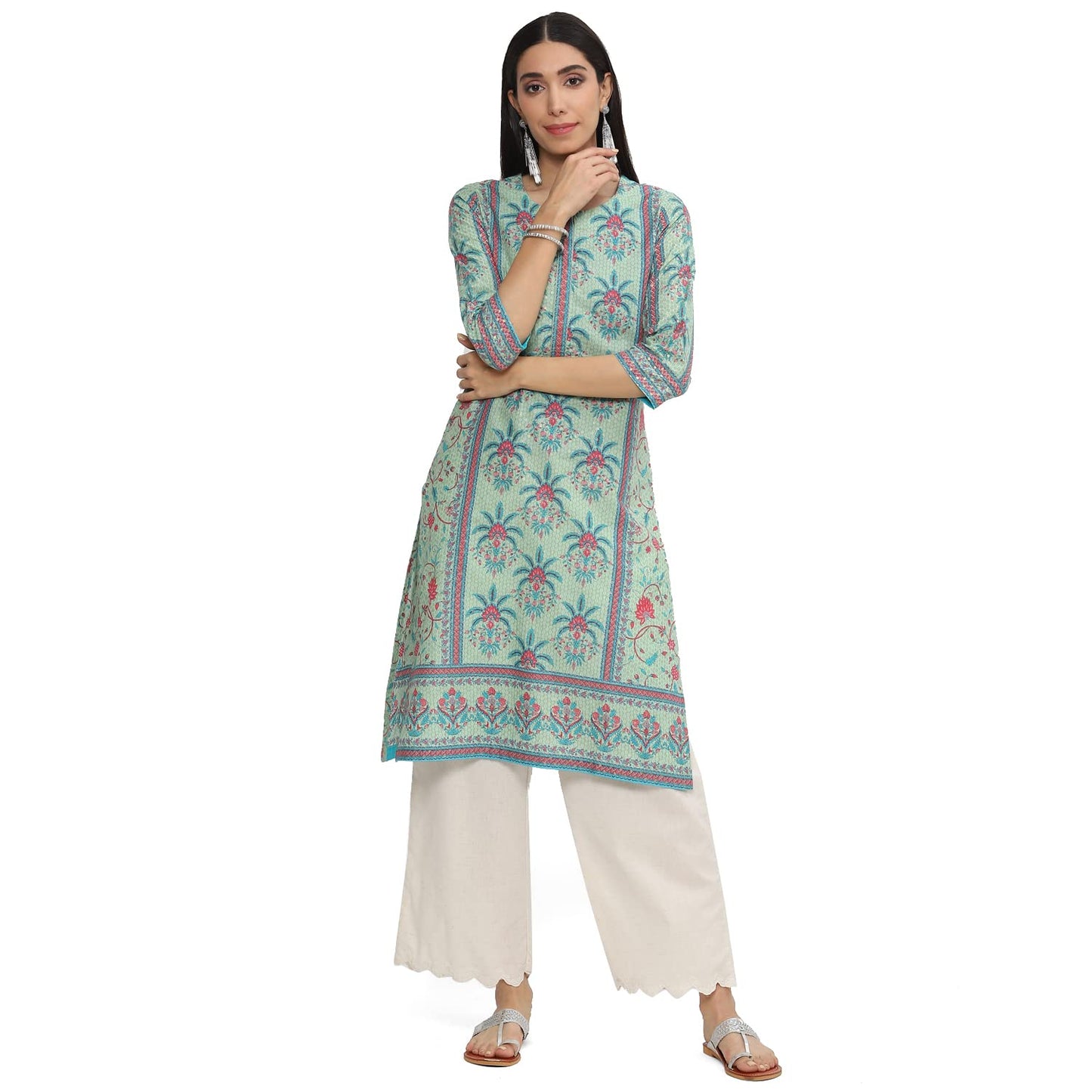 BIBA Women's Cotton Regular Tunic Shirt (ASRTD19570SS23GRN_Green