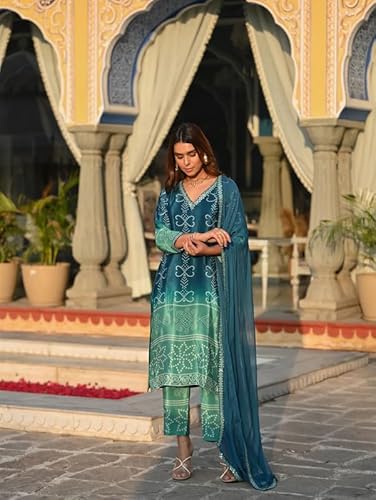 AVYUKTHA | Women Bandhani Printed Kurta Set with Trors & Dupatta | for Festive, Casual & Daily | Aqua | Size- XL