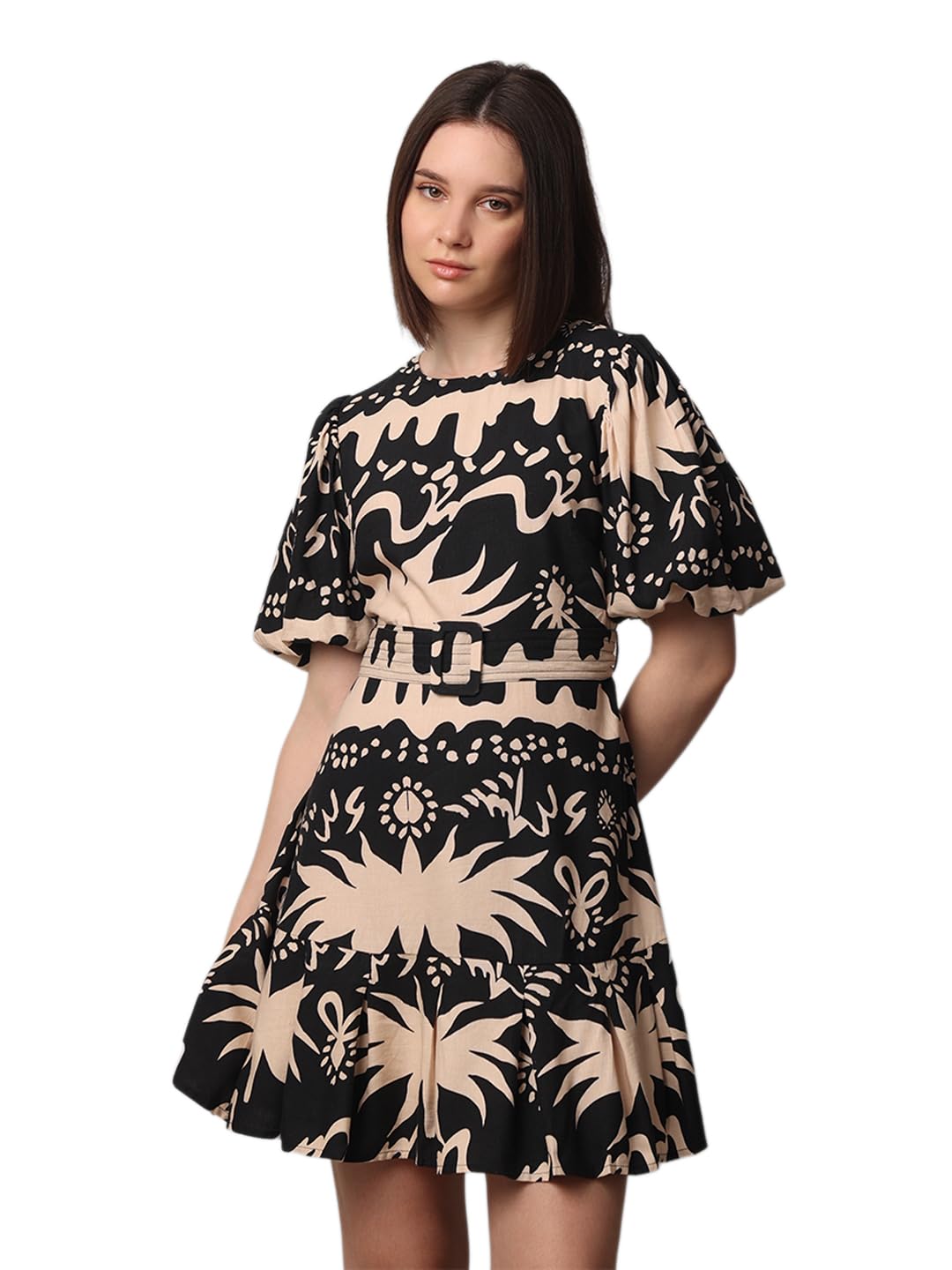 ONLY Women's Rayon Fit and Flare Mini Dress (9007233-Jet Black_Jet