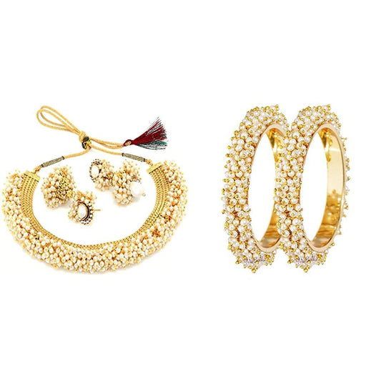 YouBella Jewellery (Pair) for Women: Gold Plated Pearl Studded Traditional Temple Necklace Set + Traditional Pearl Studded Gold Plated Bangles