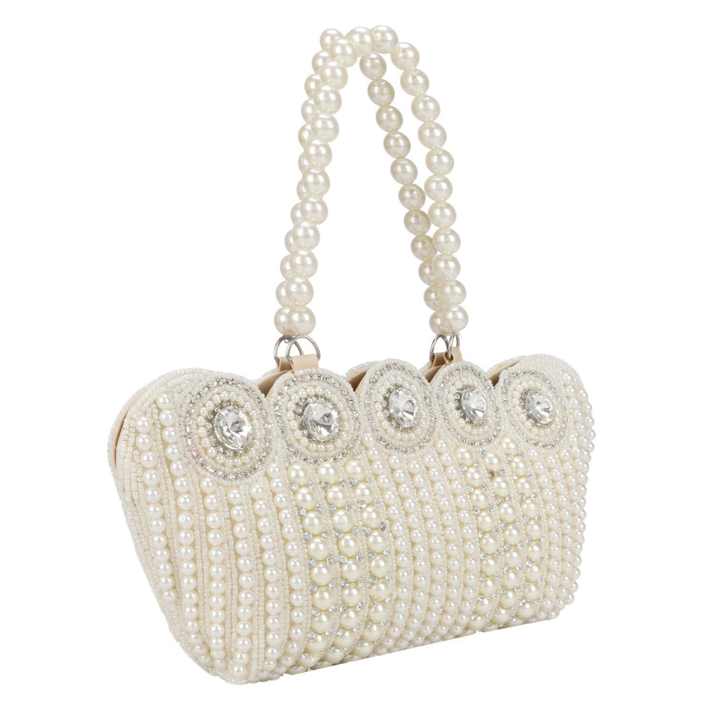 LONGING TO BUY Women's Small Cutest Vintage Style Pearl Tote Wrist Bag Evening Clutch Purse, White