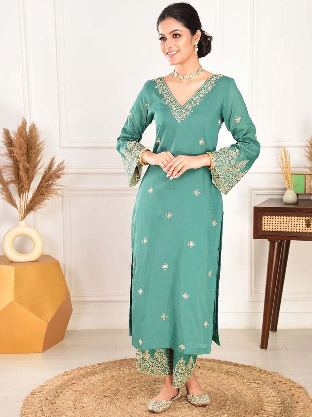 TWINLIGHT Women's Silk Blend Salwar Suit Set | V Neck Full Sleeves Embroidered Straight Length Kurta and Elastic Waistband Closure Solid Pant with Jacquard Border Dupatta | LF-NEHA_Rama_2XL