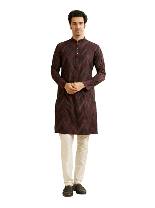 Manyavar Men's Spandex Chevron Patterned Kurta (Maroon,XL)