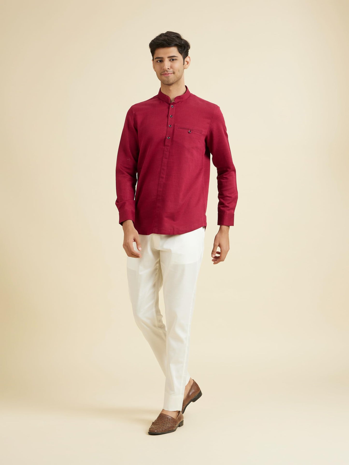 Manyavar Men's Cotton Bandhgala Collar Short Kurta(Maroon,XXL)