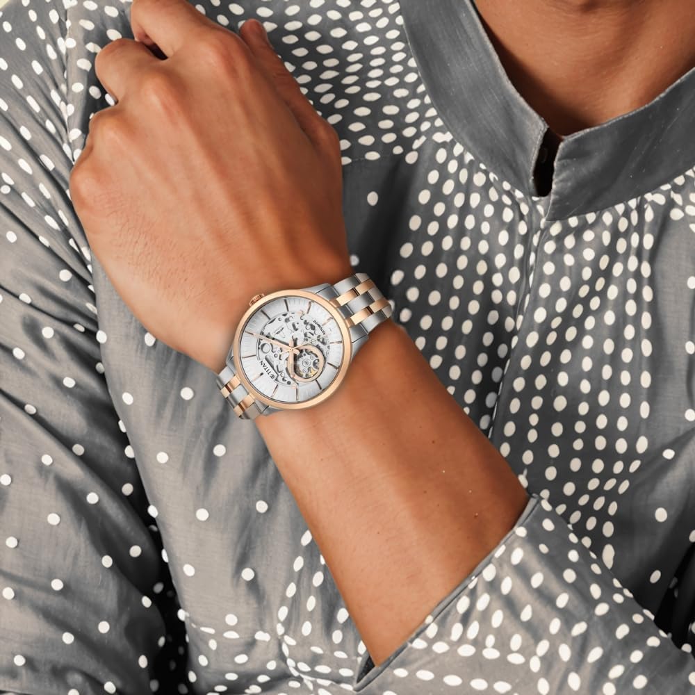Titan Metal Mechanicals Automatic White Dial Two Toned Silver and Rose Gold Stainless Steel Strap Watch for Men - NT90140KM01