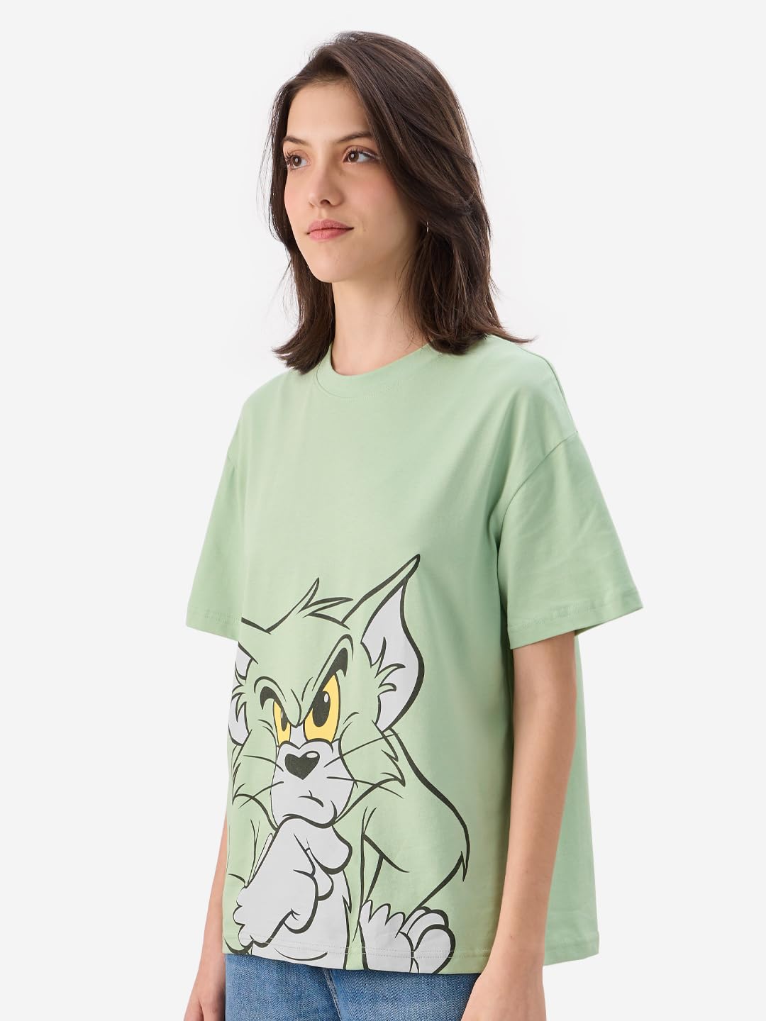 The Souled Store Official Tom and Jerry: Time to Think Women and Girls Short Sleeve Round Neck Green Graphic Printed Cotton Oversized T-Shirts