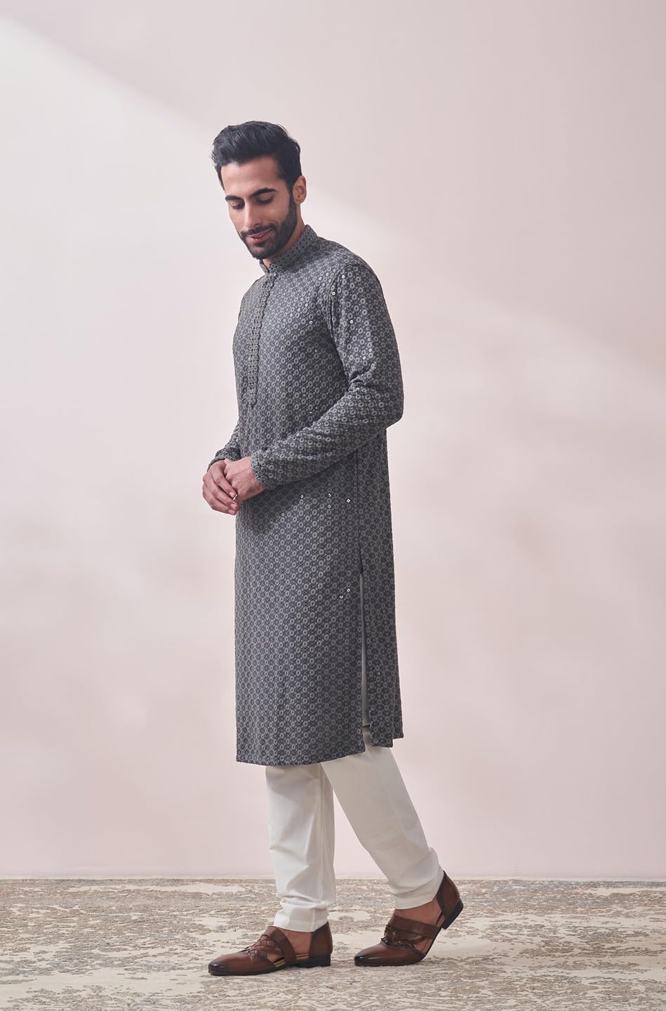 Manyavar Mens Grey Viscose Embroidered Kurtas