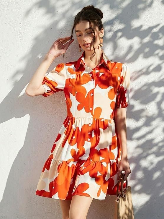 eightone Women's Floral Print Rayon Ruffled A-Line Midi Dress – Elegant Summer (in, Alpha, L, Regular, Orange)