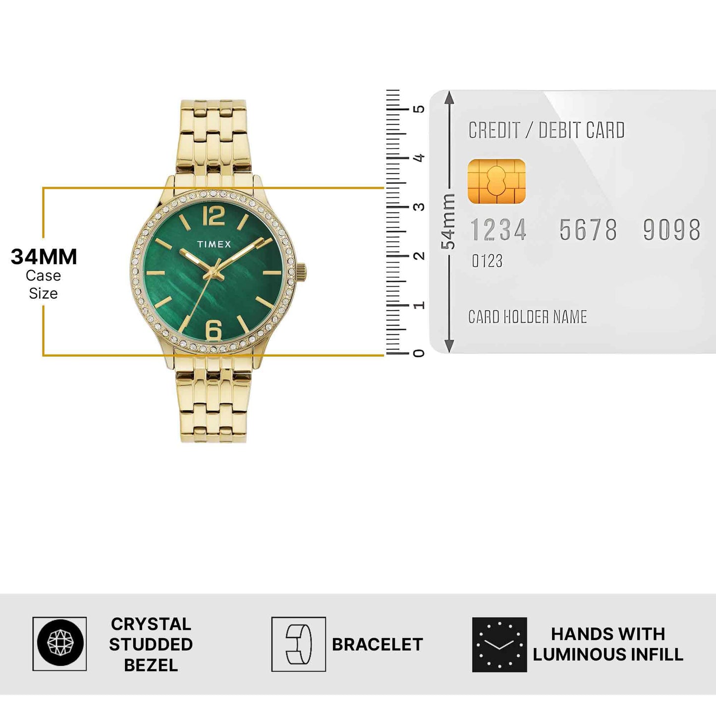 TIMEX Analog Watch for Women with Green Dial & Gold Stainless Steel Bracelet Band - Water Resistant Women's Wrist Watches -TWEL230SMU01