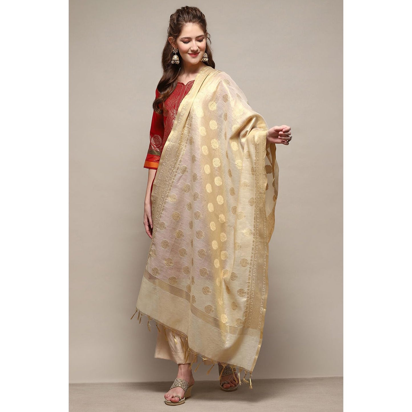 BIBA Women's Gold Polyester Yarn dyed Dupatta