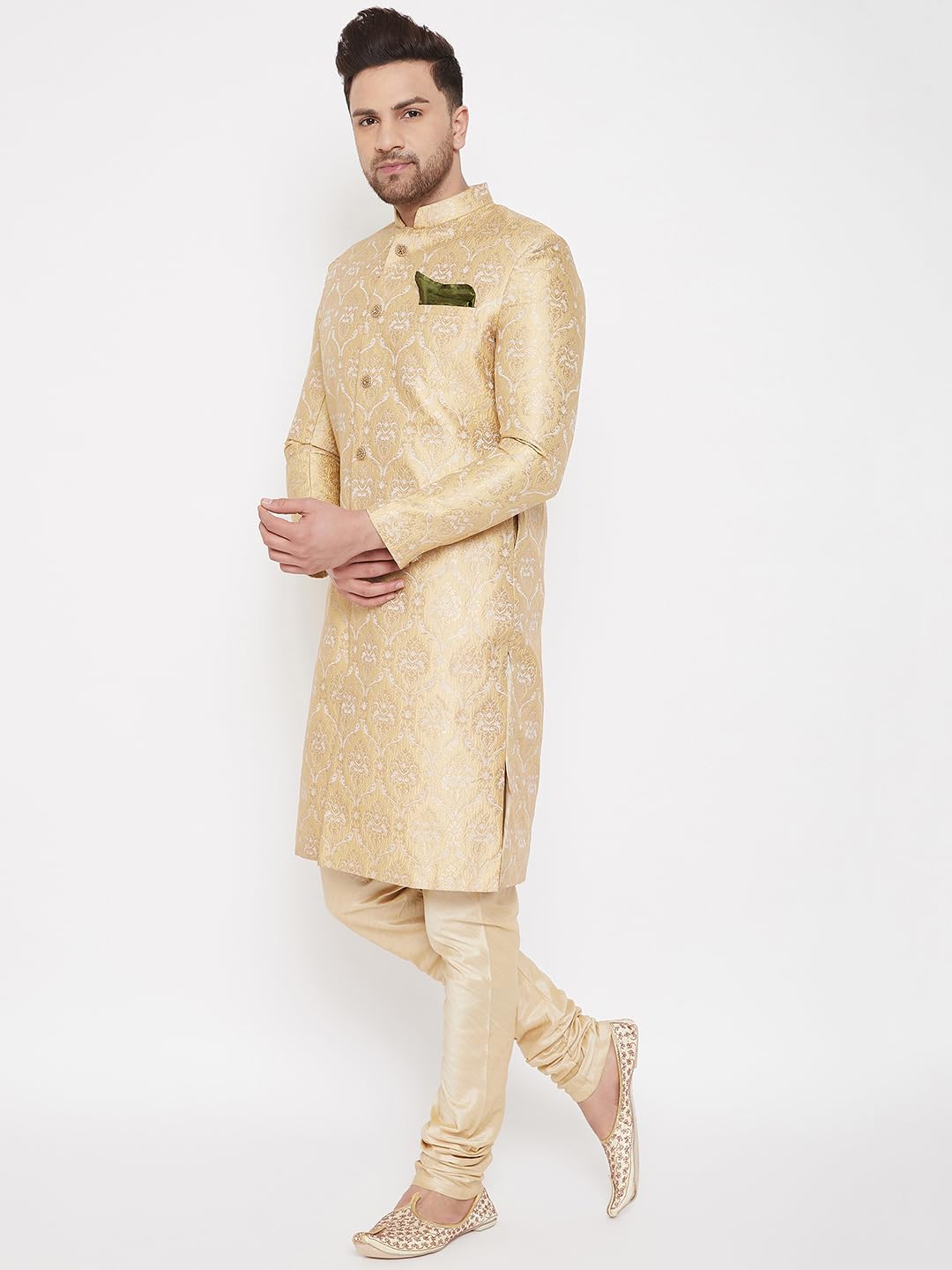 VASTRAMAY Men's Gold Beige Silk Blend Sherwani Set - Brocade Sherwani And Pyjama Set