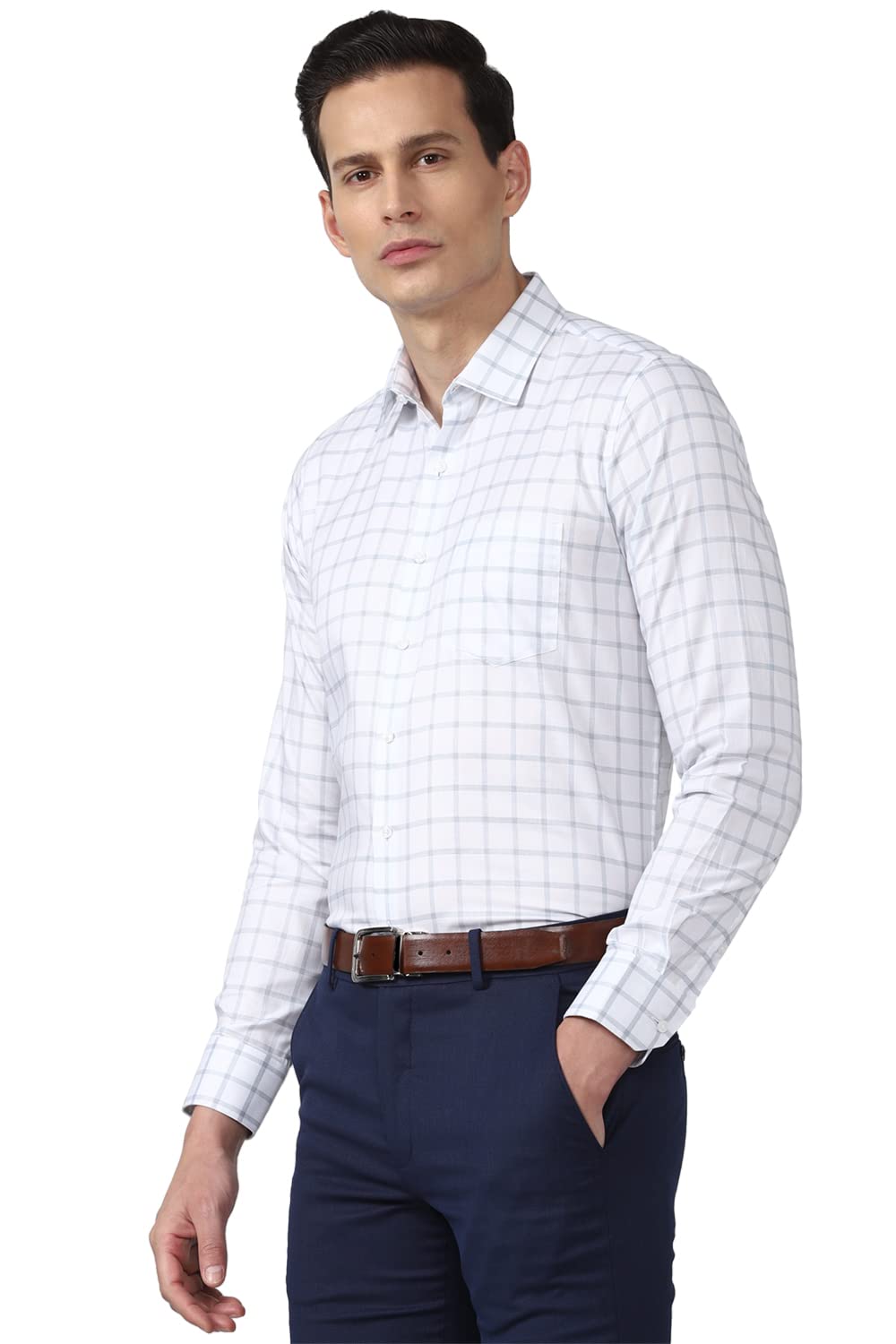 Van Heusen Men's Checkered Slim Fit Shirt (VHSFRSLBE35629_Medium Blue 42)