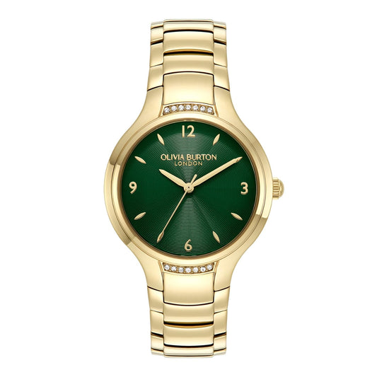 Olivia Burton Lea Qtz Basic Forest Green Round Dial Women's Watch|Ionic Plated Thin Gold Steel Material|Gold Color Band - 24000209