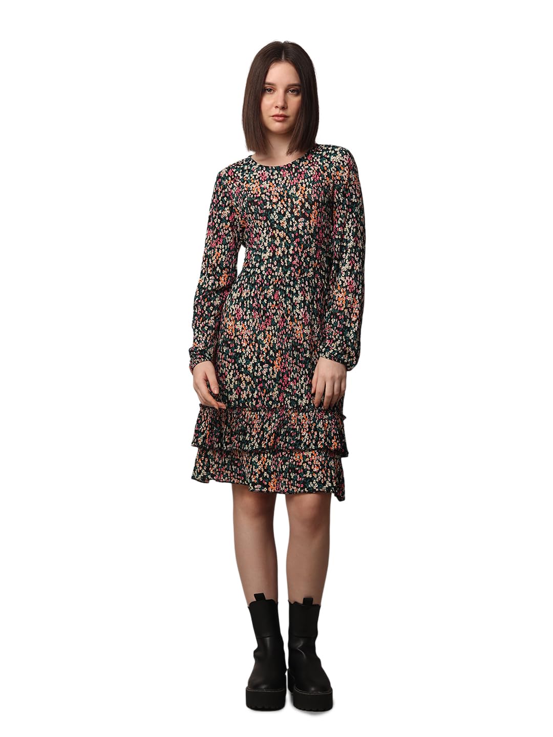 ONLY Women Floral Fit and Flare Casual Black Layered Dress