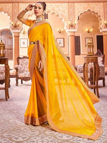 Satrani Women's Georgette Printed & Embroidery Lace Saree with Unstitched Blouse Piece (3463S236N_Yellow)