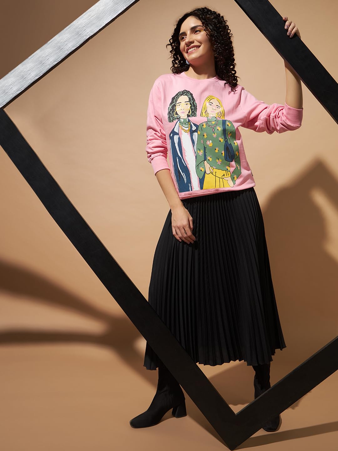 THE DRY STATE Women's Round Neck Loose Fit Sweatshirt with Graphic Print at Front