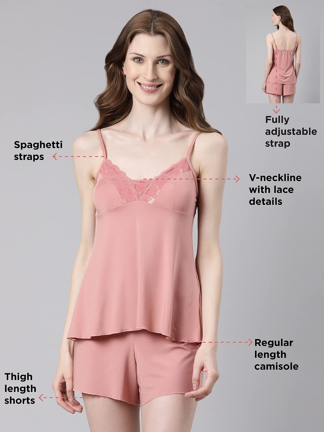 Enamor N116 Camisole Top and Shorts Set for Women with Lace Detail Dusty Rose