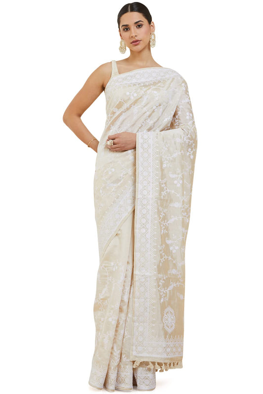Soch Women Off-White Tussar Floral Saree With Attached Blouse