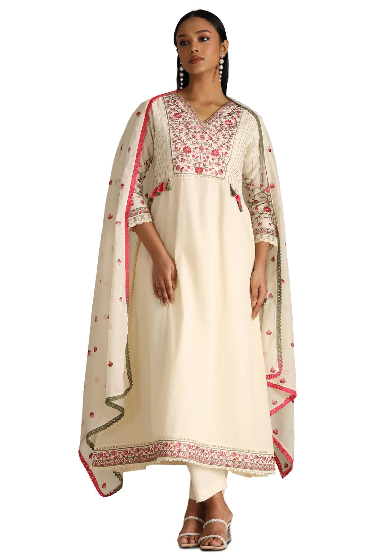 Soch Womens Off White Cotton Floral Print Suit Set With Thread Work