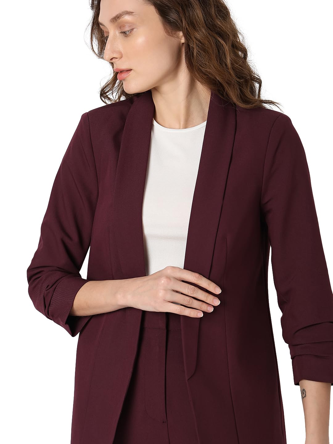 VERO MODA Women Solid Maroon Relaxed Fit Single Breasted Blazer