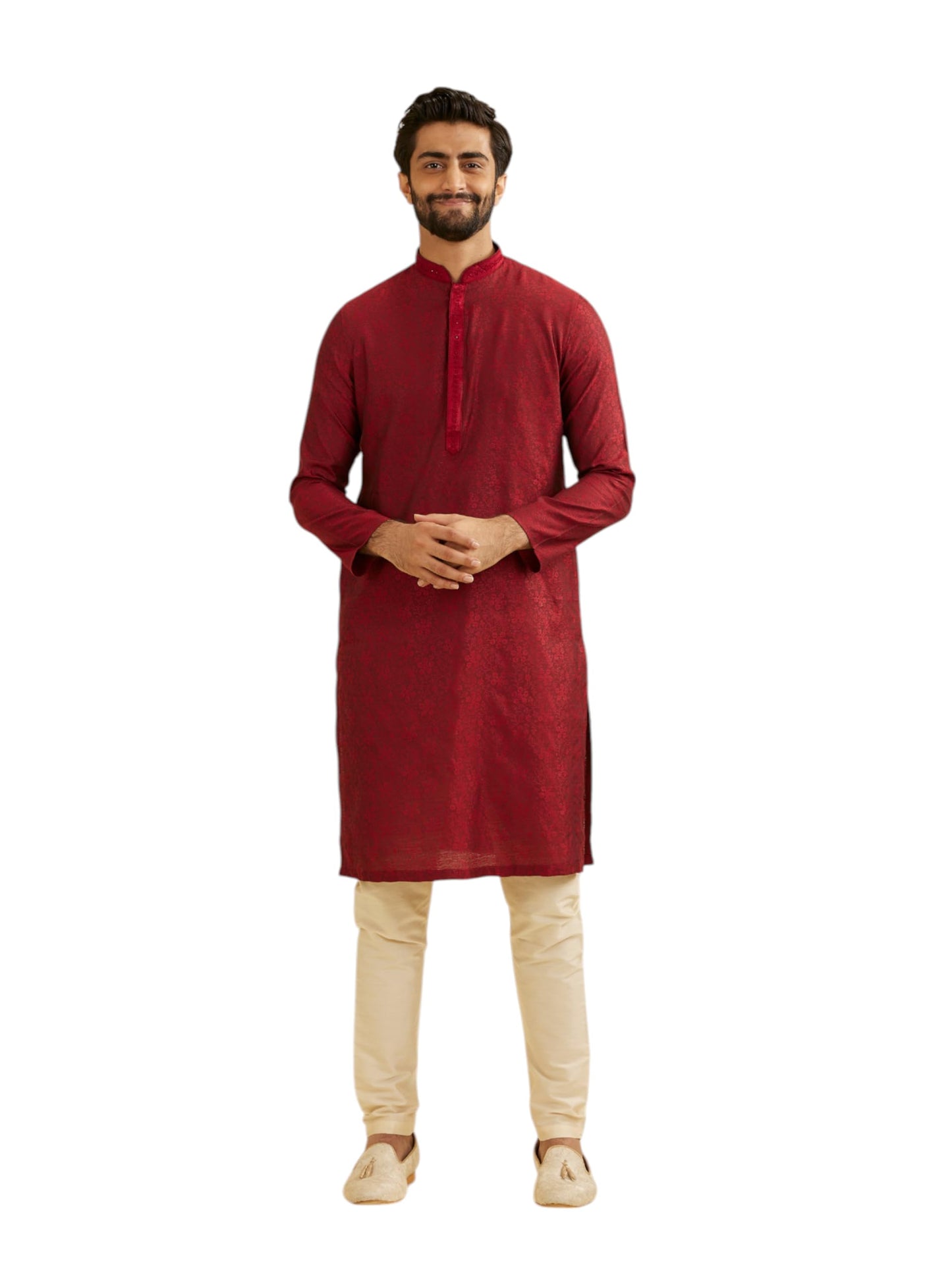 Manyavar Men's Viscose Blend Thread Embroidery Kurta Pyjama Set (Maroon,L)