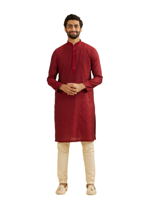 Manyavar Men's Viscose Blend Thread Embroidery Kurta Pyjama Set (Maroon,L)
