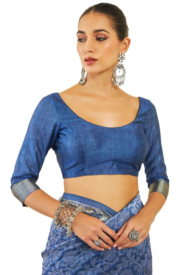 Soch Womens Indigo Tussar Silk Saree With Tribal Print And Zari Woven Saree