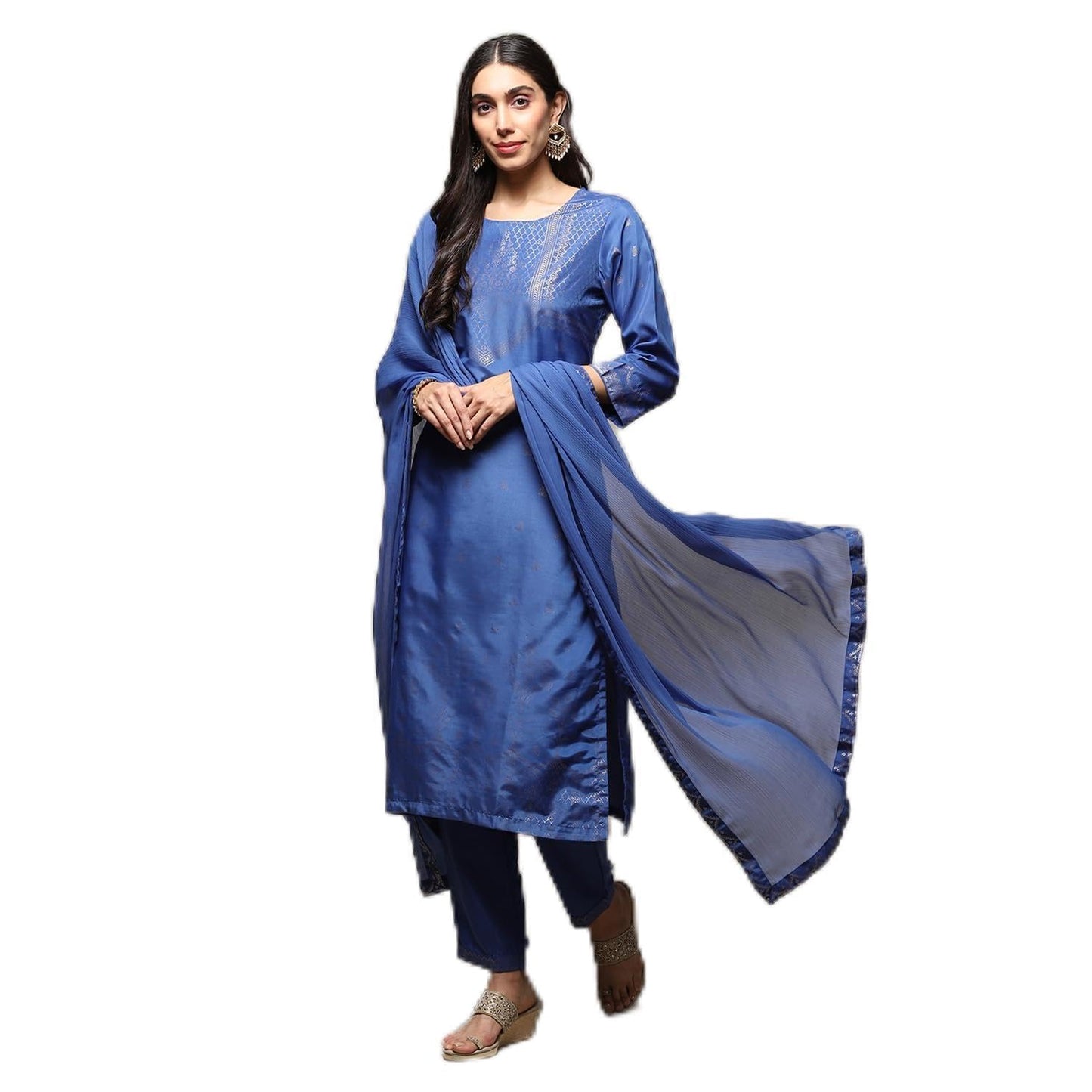 BIBA Women Printed Narrow Polyester Salwar Kurta Dupatta(Skdassorted7666E_Blue_36)