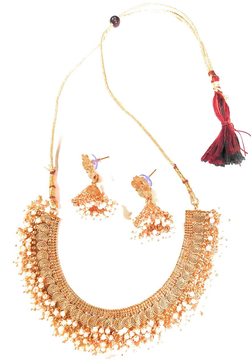 YouBella Jewellery (Pair) for Women: Gold Plated Pearl Studded Traditional Temple Necklace Set + Traditional Pearl Studded Gold Plated Bangles