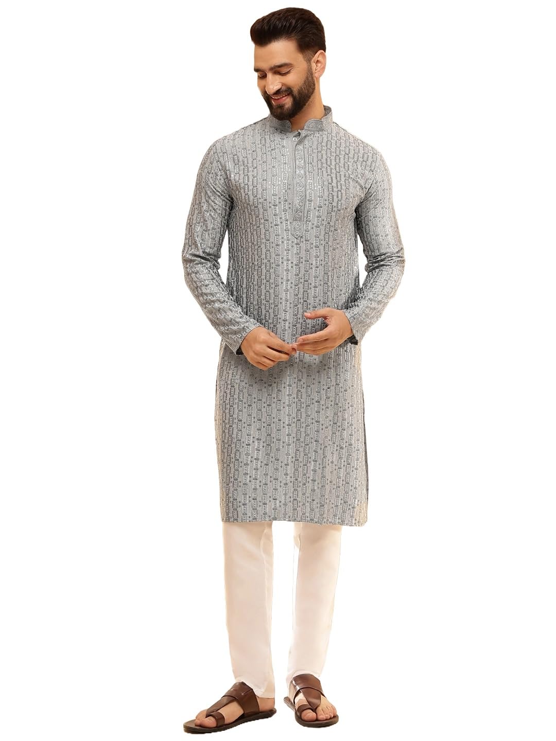 SOJANYA (Since 1958 Men's Cotton Rayon Shiny Thread Sequinned Blue Kurta with White Pyjama