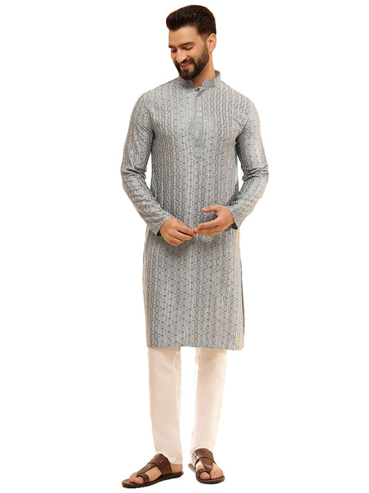 SOJANYA (Since 1958 Men's Cotton Rayon Shiny Thread Sequinned Blue Kurta with White Pyjama