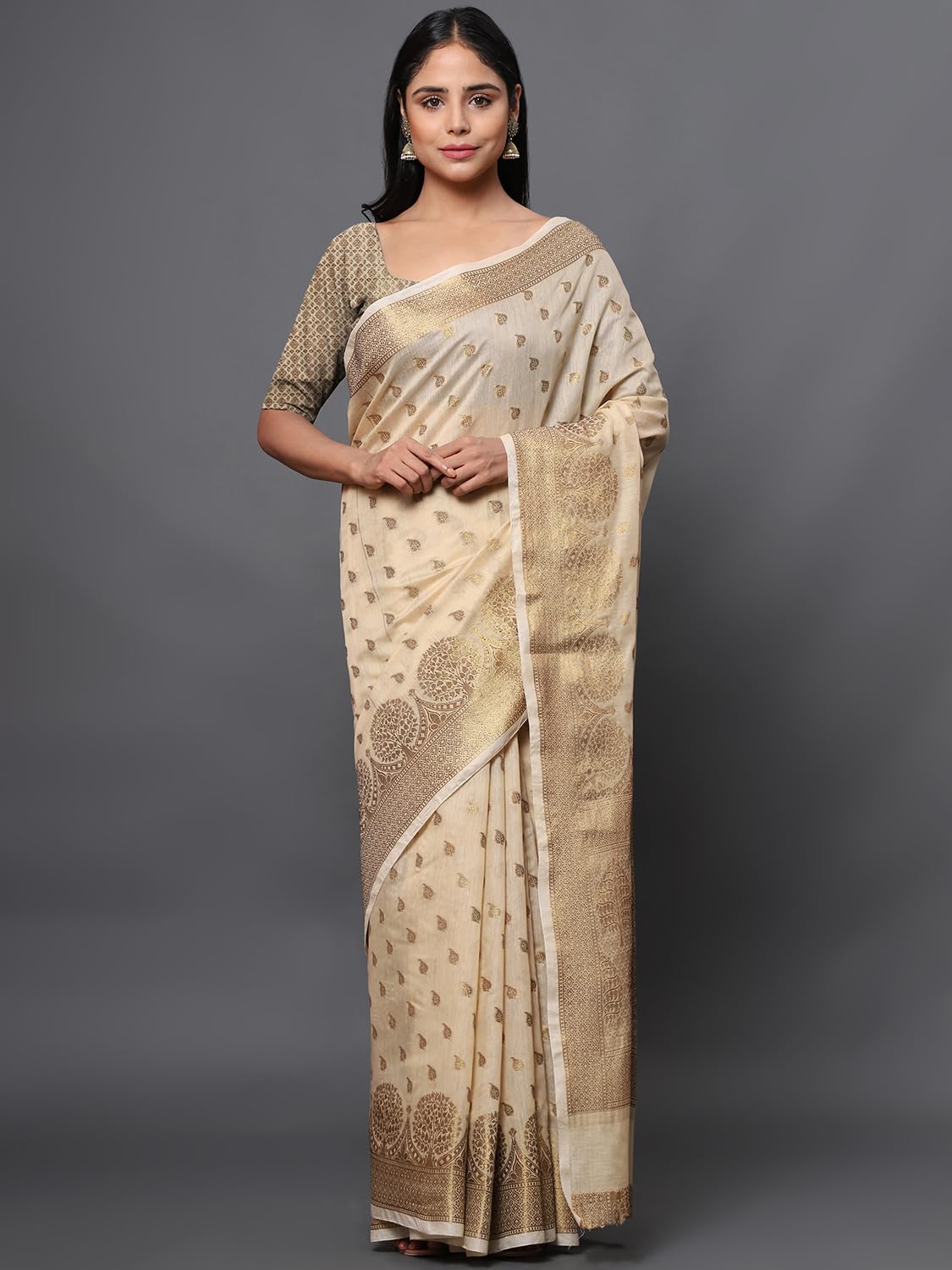 leeza store Women's Khaki Cotton Silk Blend Golden Zari Tree Pattern Border Rich Pallu Banarasi Saree With Blouse Piece